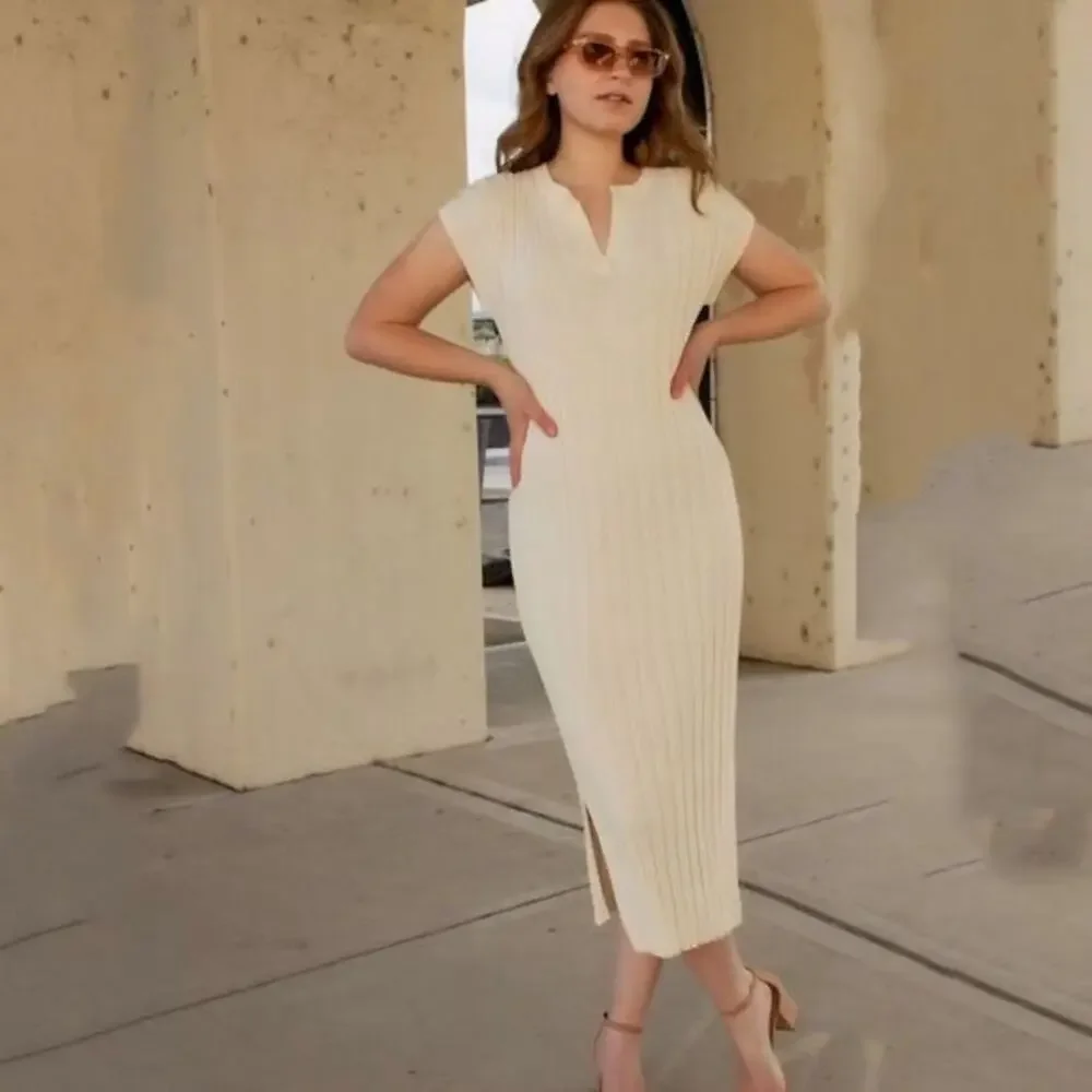 Rails Ashley Rib-Knit Midi Dress Cream Sleeveless Stretch Cotton Blend Size M